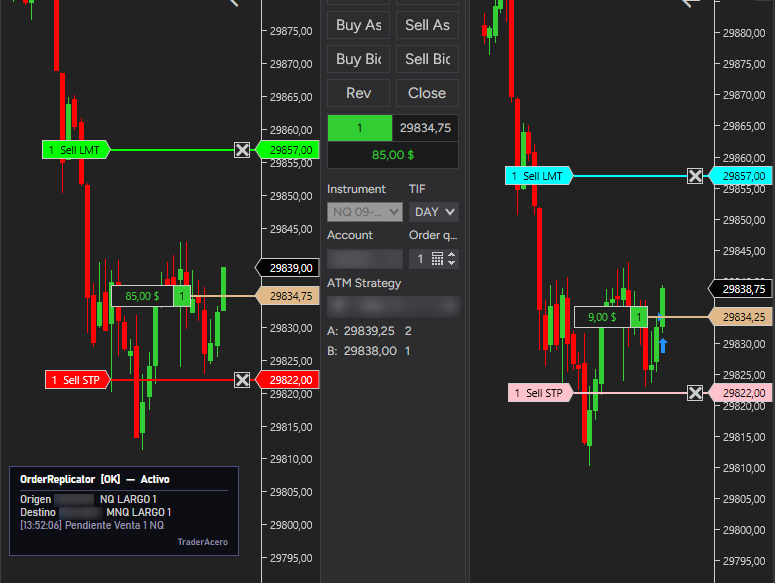 Dos gráficos de NinjaTrader 8 lado a lado con la misma orden Sell LMT y Sell STP colocada en ambos, panel de OrderReplicator abajo a la izquierda mostrando origen NQ y destino MNQ replicados