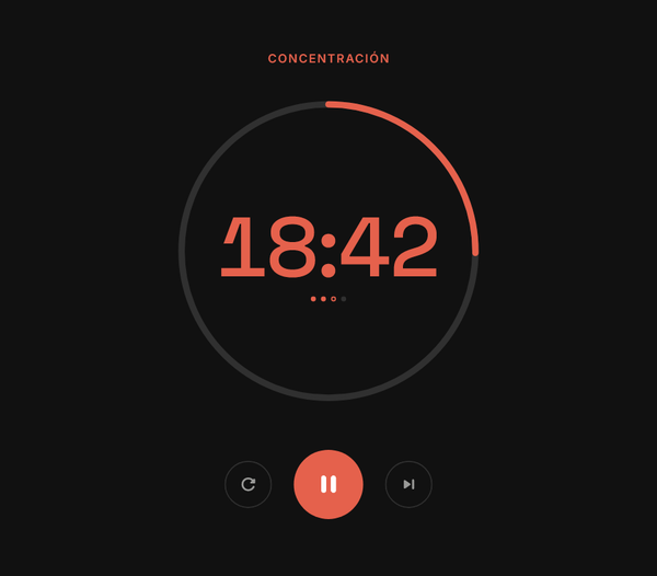Pomodoro Sync en Windows, fase de concentración con 18:42 en el cronómetro y los botones de reiniciar, pausar y saltar