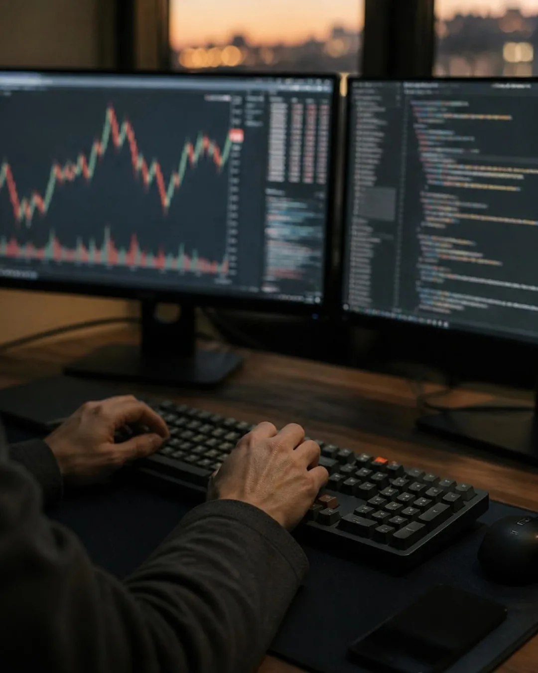 Puesto de trabajo con un gráfico de velas en un monitor, código en otro y las manos sobre el teclado
